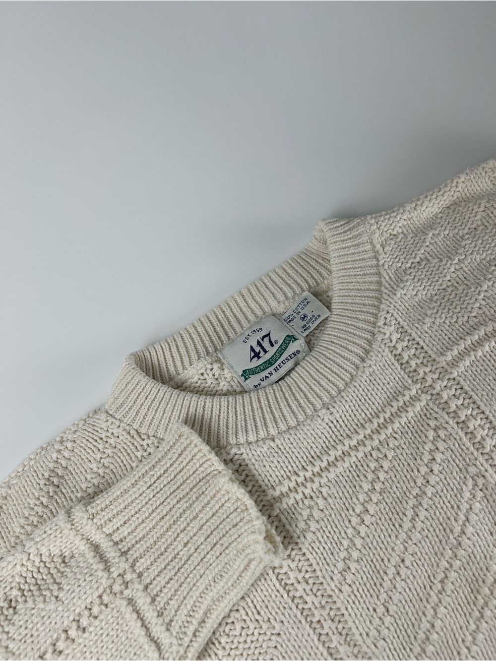 Vanheusen Men’s SZ M Cotton Made In USA Textured Knit VTG Grandpa Cream Sweater